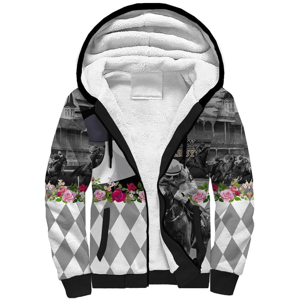 Kentucky Racing Horses Derby Hat Lady Sherpa Hoodie Churchill Downs and Roses Grayscale - Wonder Print Shop