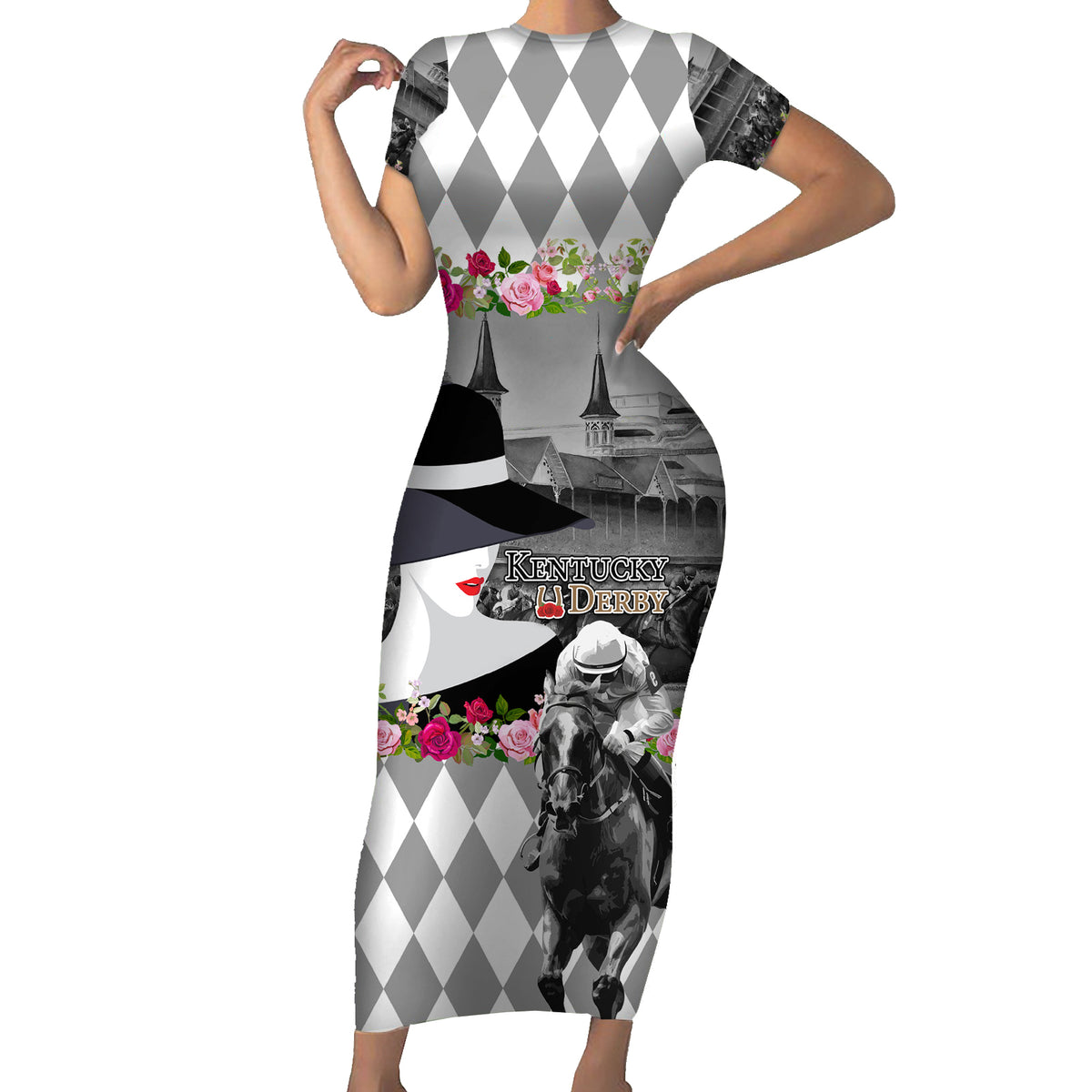 Kentucky Racing Horses Derby Hat Lady Short Sleeve Bodycon Dress Churchill Downs and Roses Grayscale - Wonder Print Shop