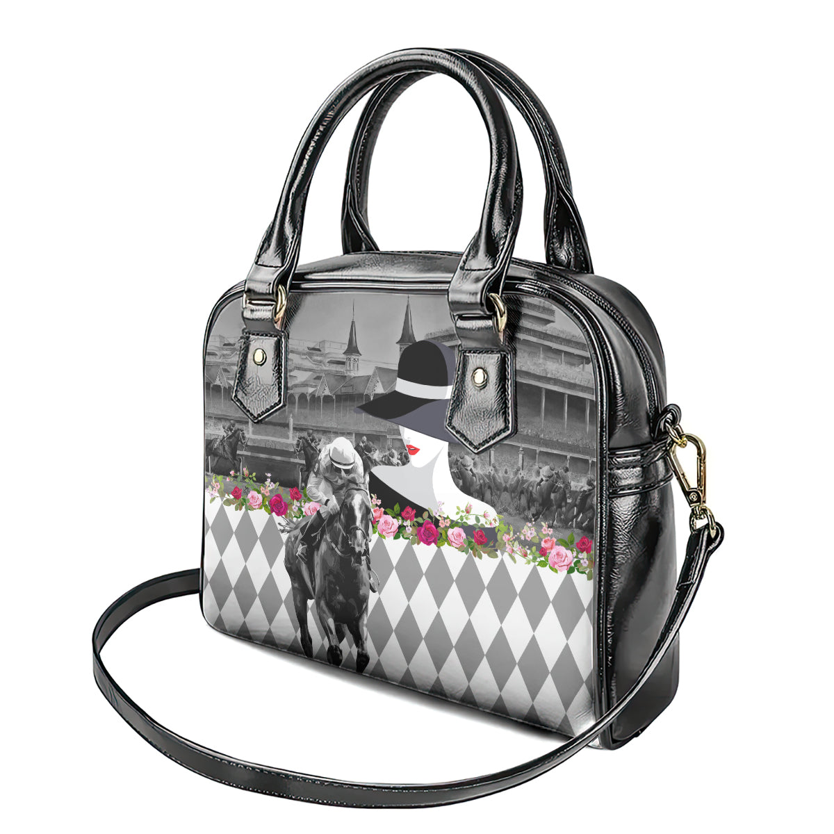 Kentucky Racing Horses Derby Hat Lady Shoulder Handbag Churchill Downs and Roses Grayscale