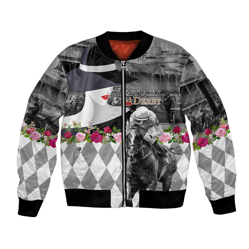 Kentucky Racing Horses Derby Hat Lady Sleeve Zip Bomber Jacket Churchill Downs and Roses Grayscale - Wonder Print Shop