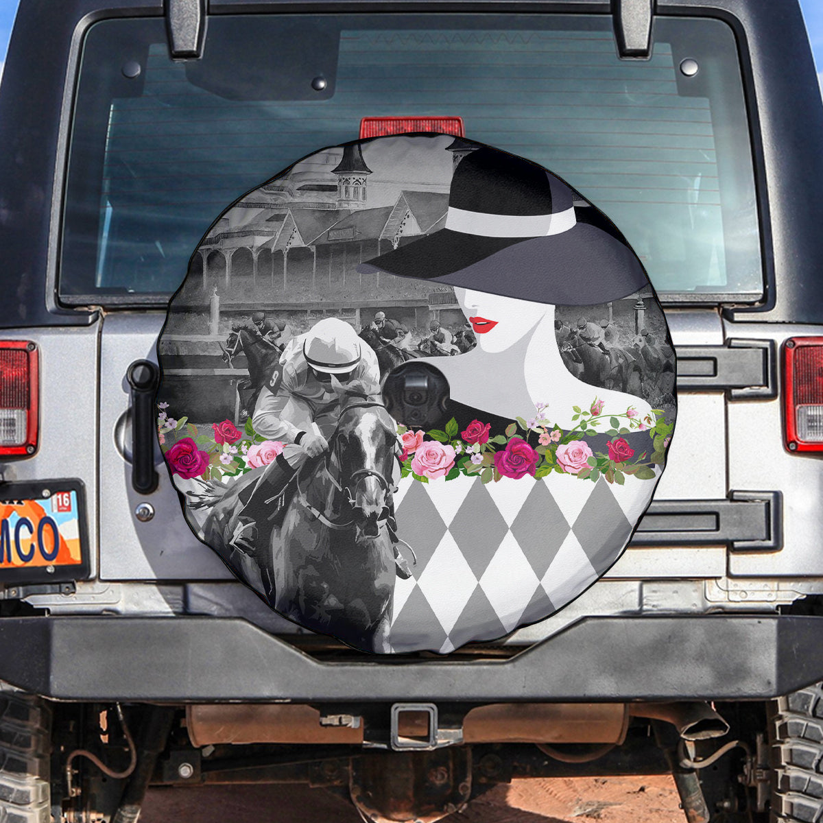 Kentucky Racing Horses Derby Hat Lady Spare Tire Cover Churchill Downs and Roses Grayscale - Wonder Print Shop