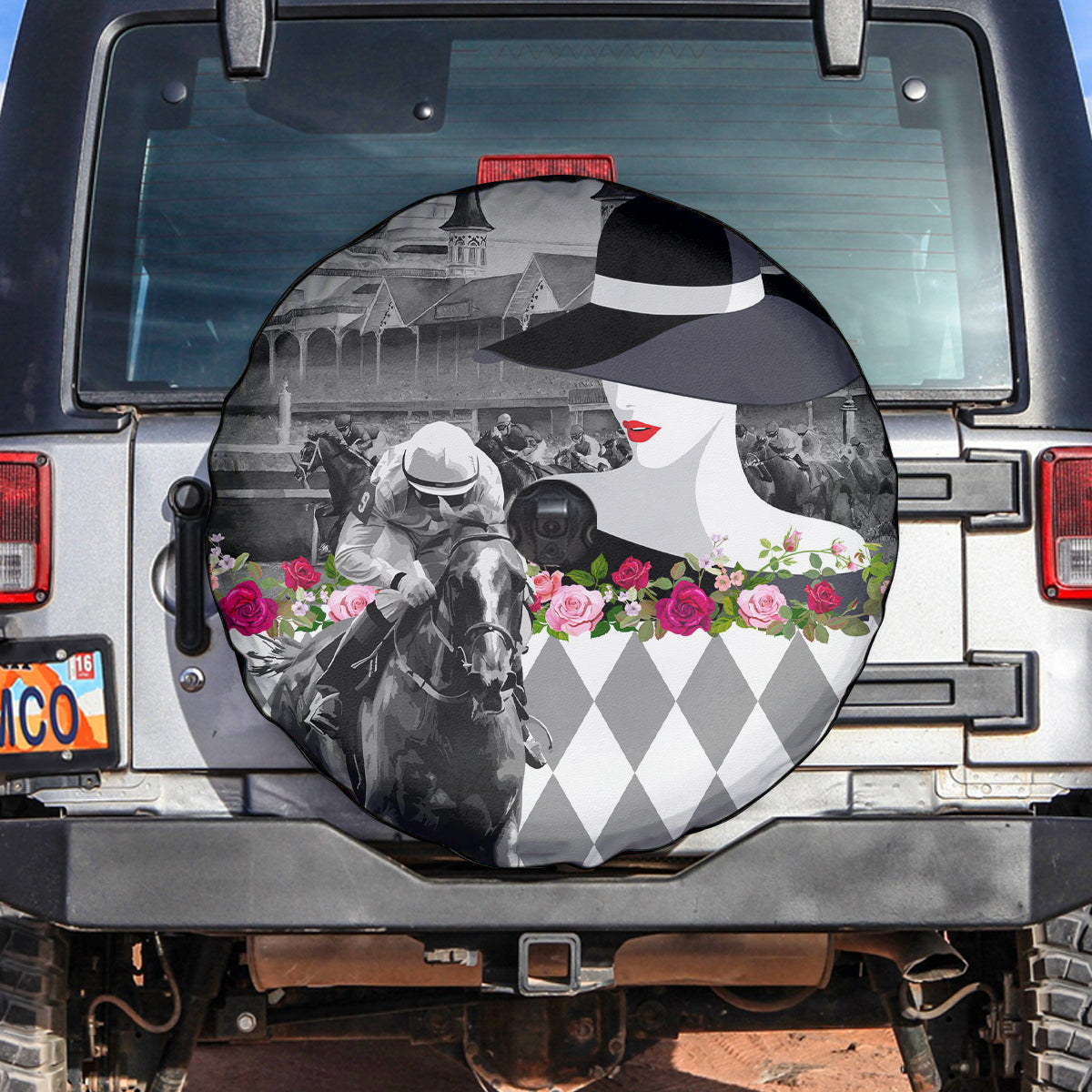 Kentucky Racing Horses Derby Hat Lady Spare Tire Cover Churchill Downs and Roses Grayscale