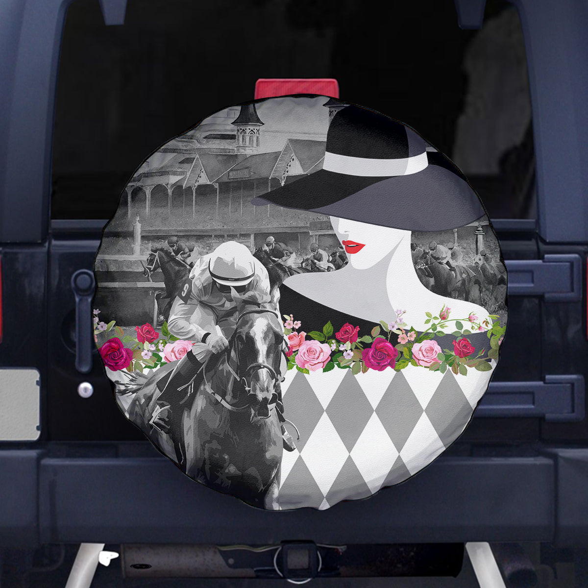 Kentucky Racing Horses Derby Hat Lady Spare Tire Cover Churchill Downs and Roses Grayscale - Wonder Print Shop