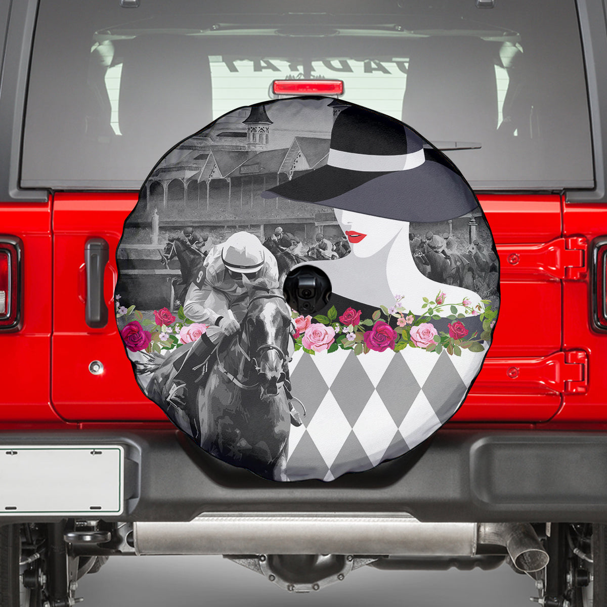 Kentucky Racing Horses Derby Hat Lady Spare Tire Cover Churchill Downs and Roses Grayscale - Wonder Print Shop