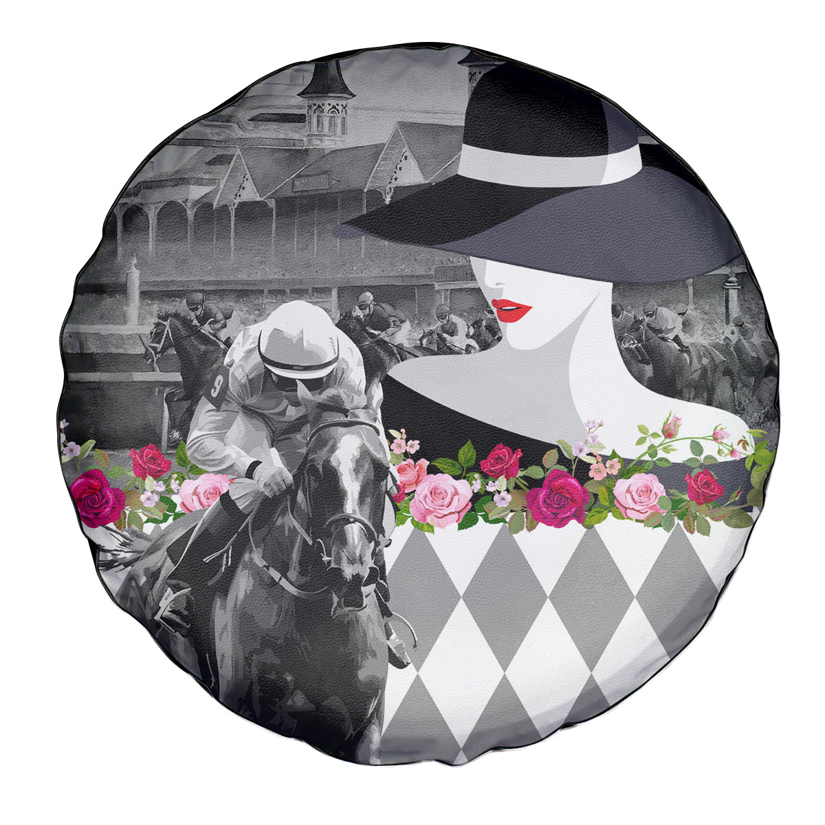 Kentucky Racing Horses Derby Hat Lady Spare Tire Cover Churchill Downs and Roses Grayscale - Wonder Print Shop