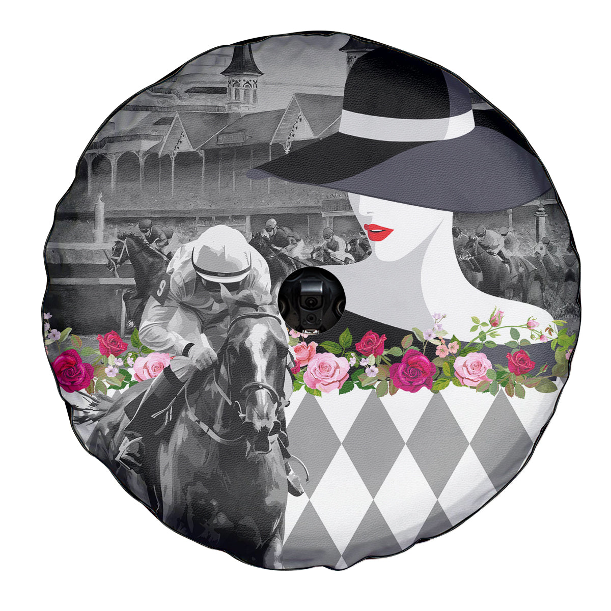 Kentucky Racing Horses Derby Hat Lady Spare Tire Cover Churchill Downs and Roses Grayscale - Wonder Print Shop