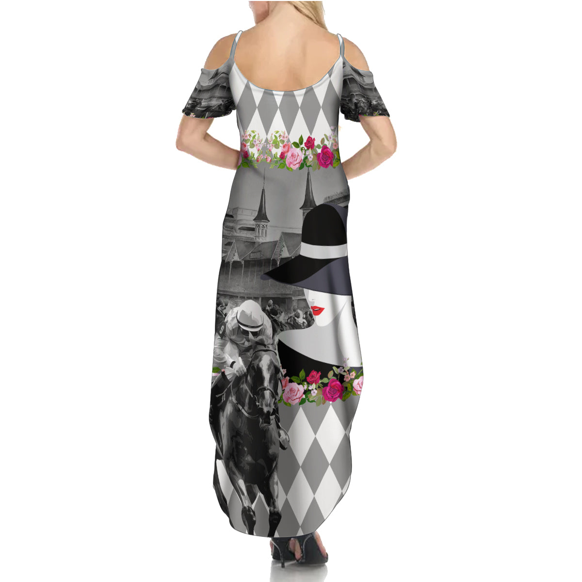 Kentucky Racing Horses Derby Hat Lady Summer Maxi Dress Churchill Downs and Roses Grayscale - Wonder Print Shop