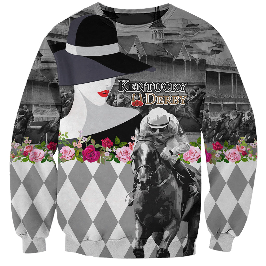 Kentucky Racing Horses Derby Hat Lady Sweatshirt Churchill Downs and Roses Grayscale - Wonder Print Shop