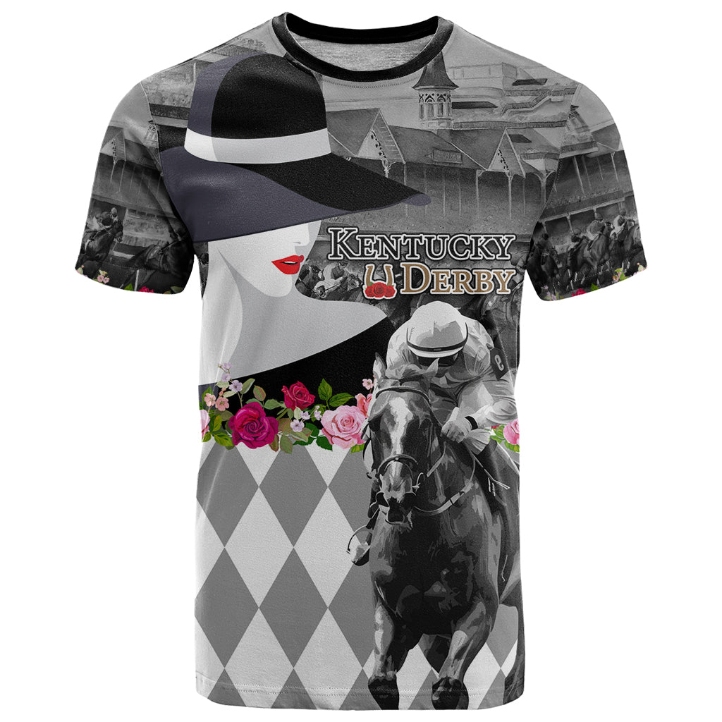 Kentucky Racing Horses Derby Hat Lady T Shirt Churchill Downs and Roses Grayscale - Wonder Print Shop