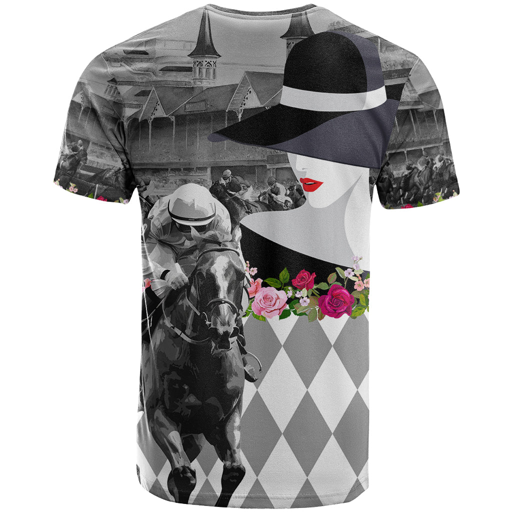 Kentucky Racing Horses Derby Hat Lady T Shirt Churchill Downs and Roses Grayscale - Wonder Print Shop