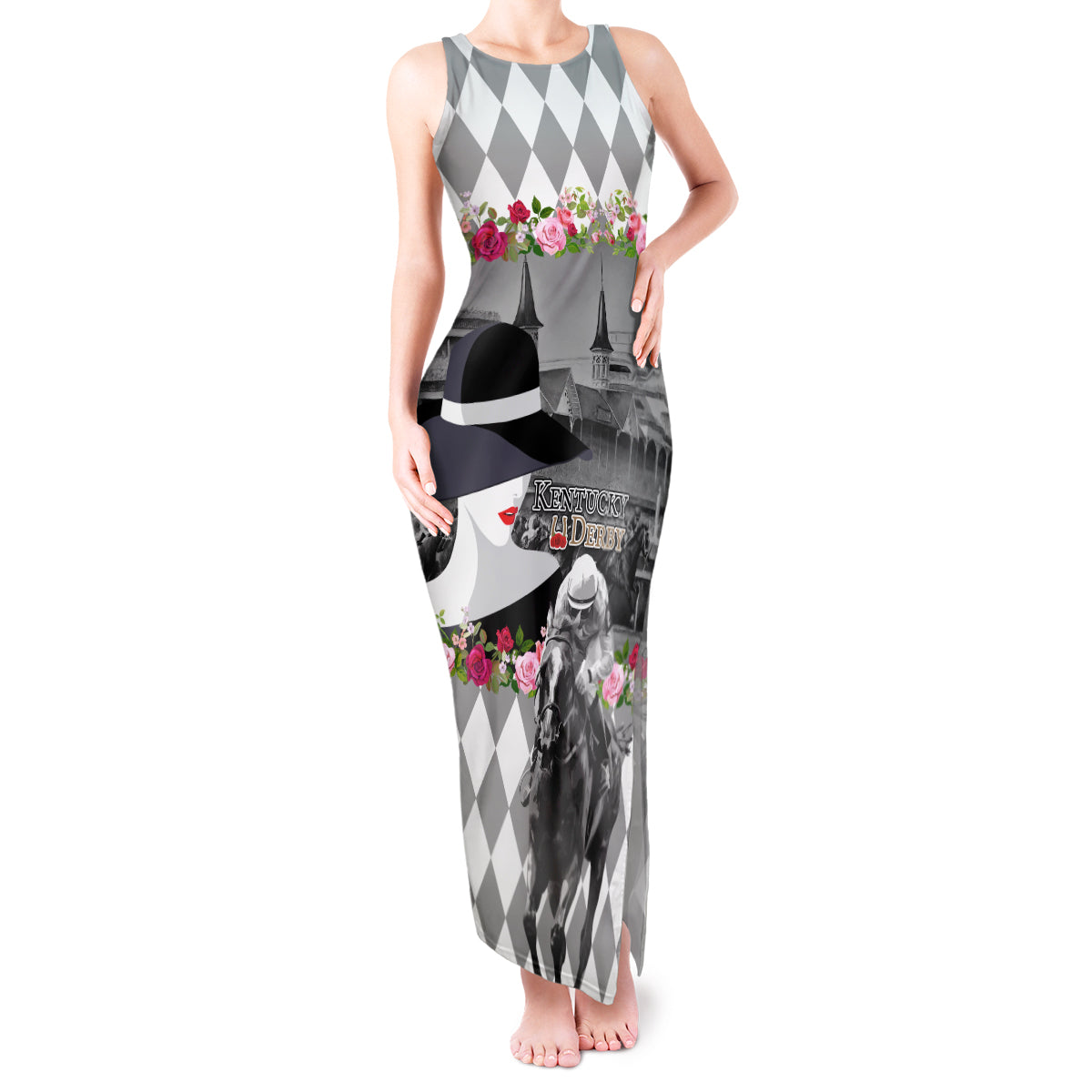 Kentucky Racing Horses Derby Hat Lady Tank Maxi Dress Churchill Downs and Roses Grayscale - Wonder Print Shop