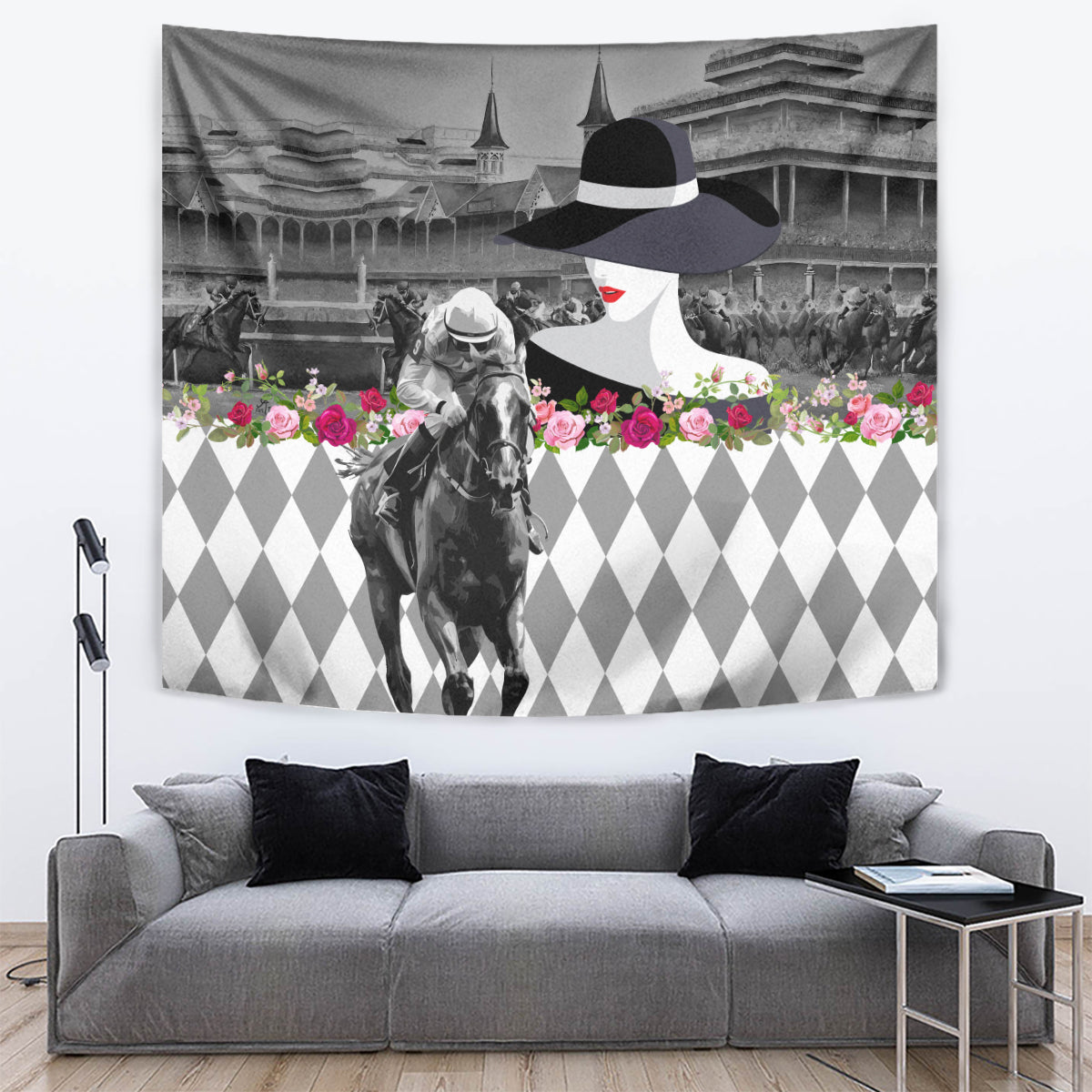 Kentucky Racing Horses Derby Hat Lady Tapestry Churchill Downs and Roses Grayscale - Wonder Print Shop