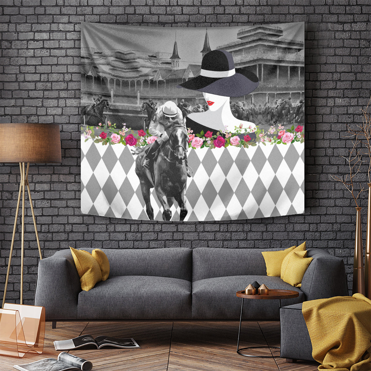 Kentucky Racing Horses Derby Hat Lady Tapestry Churchill Downs and Roses Grayscale - Wonder Print Shop