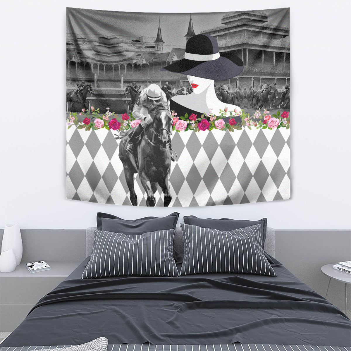 Kentucky Racing Horses Derby Hat Lady Tapestry Churchill Downs and Roses Grayscale - Wonder Print Shop