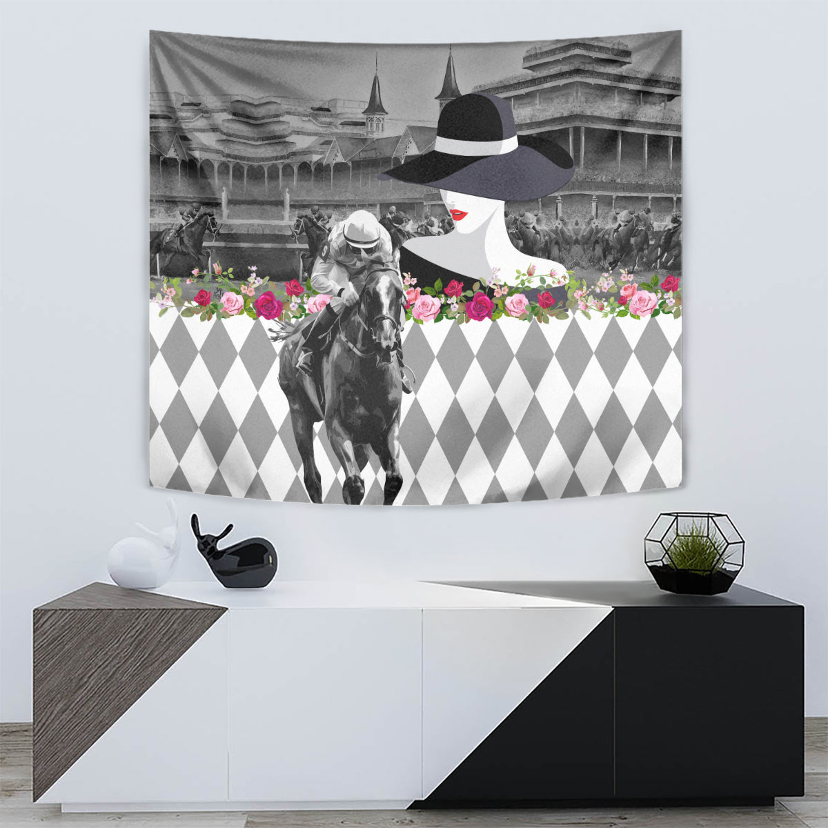 Kentucky Racing Horses Derby Hat Lady Tapestry Churchill Downs and Roses Grayscale - Wonder Print Shop