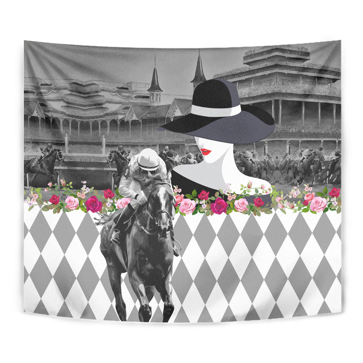 Kentucky Racing Horses Derby Hat Lady Tapestry Churchill Downs and Roses Grayscale - Wonder Print Shop