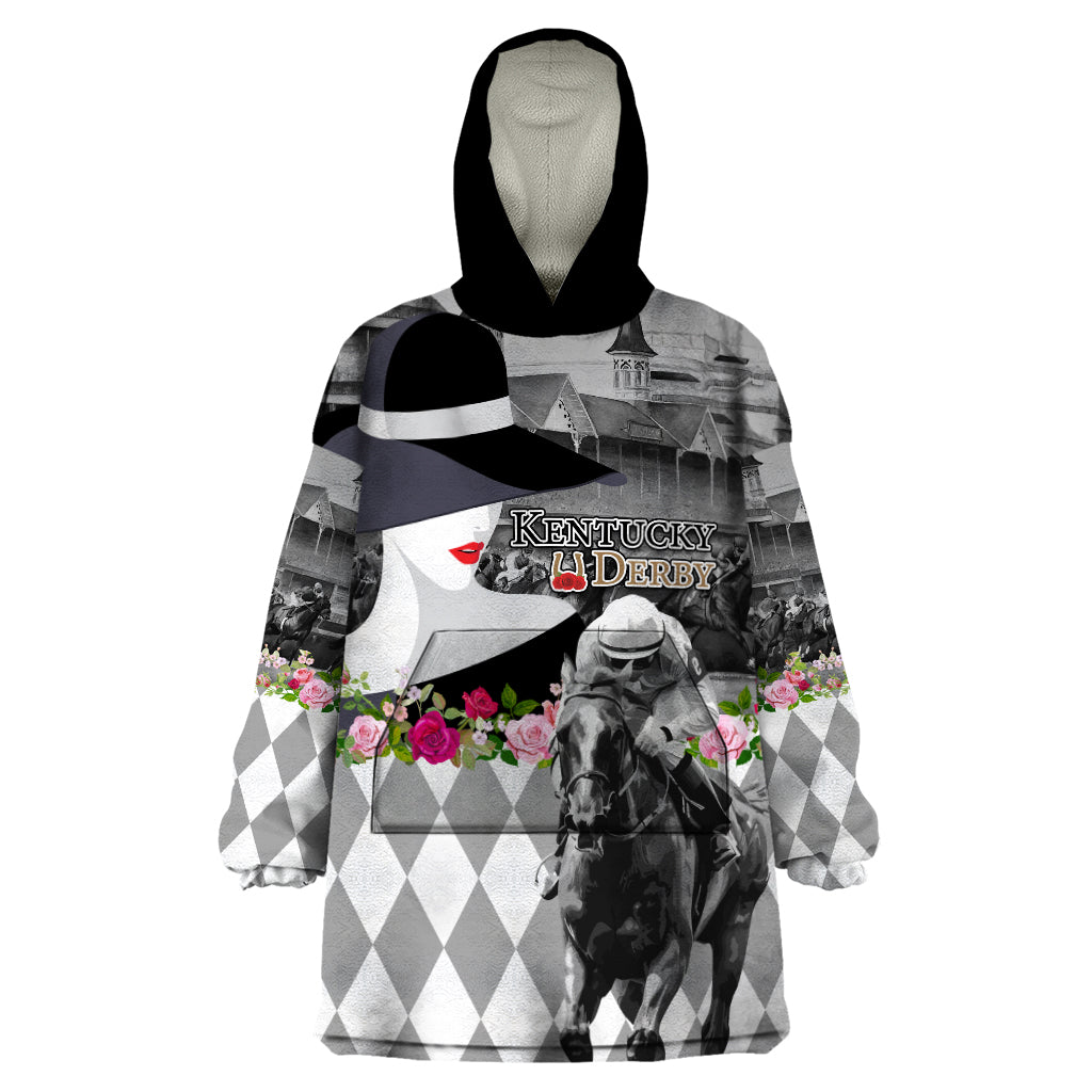 Kentucky Racing Horses Derby Hat Lady Wearable Blanket Hoodie Churchill Downs and Roses Grayscale - Wonder Print Shop
