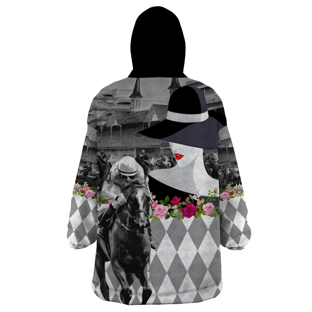 Kentucky Racing Horses Derby Hat Lady Wearable Blanket Hoodie Churchill Downs and Roses Grayscale - Wonder Print Shop