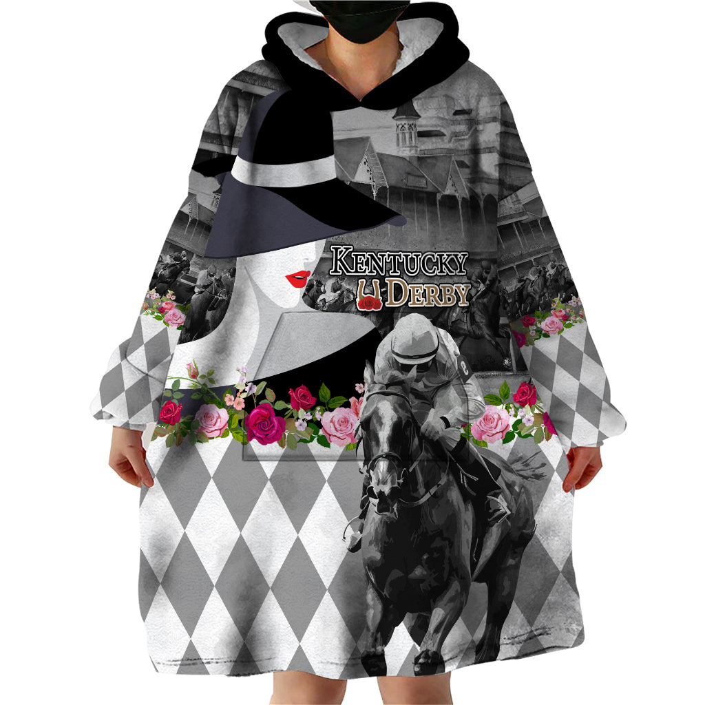 Kentucky Racing Horses Derby Hat Lady Wearable Blanket Hoodie Churchill Downs and Roses Grayscale - Wonder Print Shop