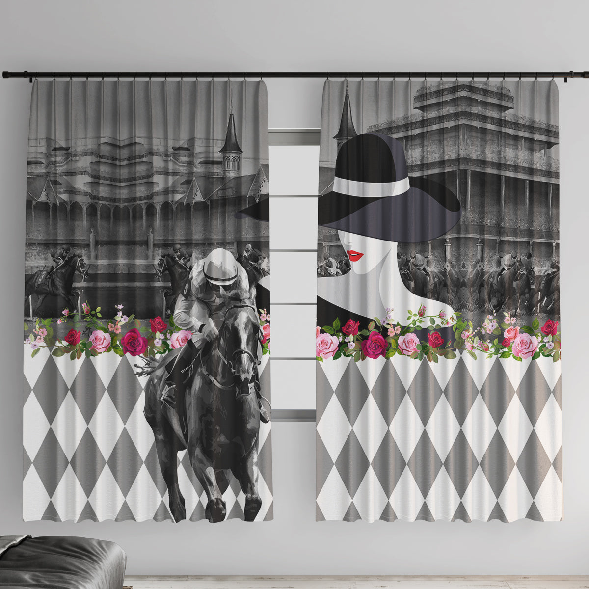 Kentucky Racing Horses Derby Hat Lady Window Curtain Churchill Downs and Roses Grayscale - Wonder Print Shop