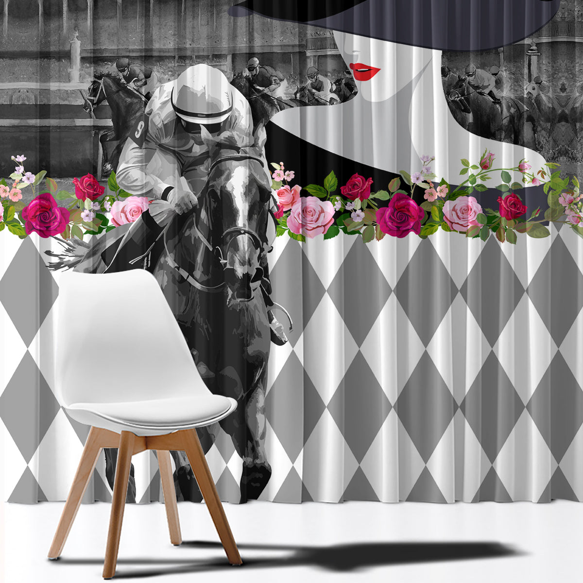 Kentucky Racing Horses Derby Hat Lady Window Curtain Churchill Downs and Roses Grayscale - Wonder Print Shop
