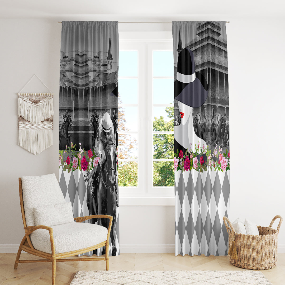 Kentucky Racing Horses Derby Hat Lady Window Curtain Churchill Downs and Roses Grayscale - Wonder Print Shop