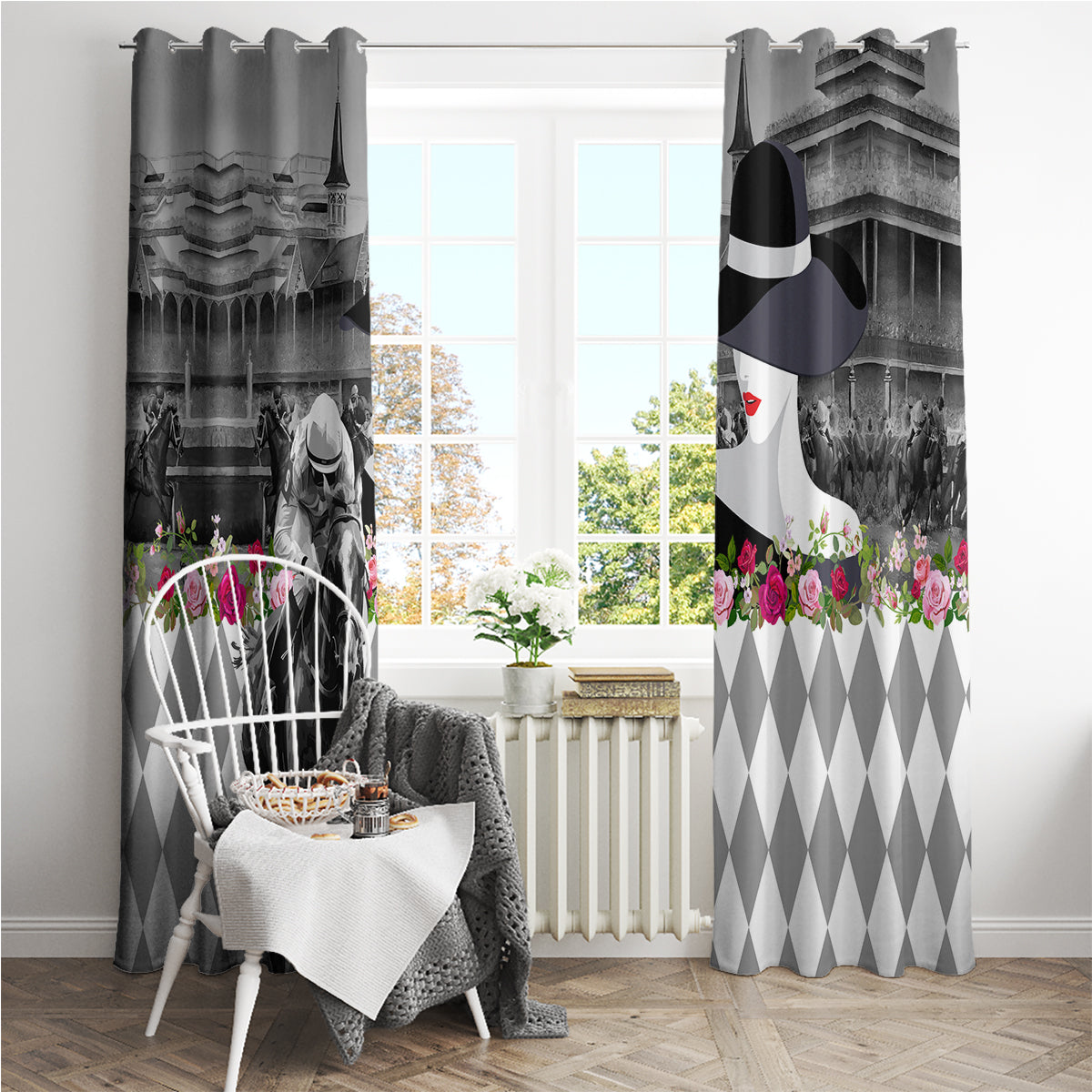 Kentucky Racing Horses Derby Hat Lady Window Curtain Churchill Downs and Roses Grayscale - Wonder Print Shop