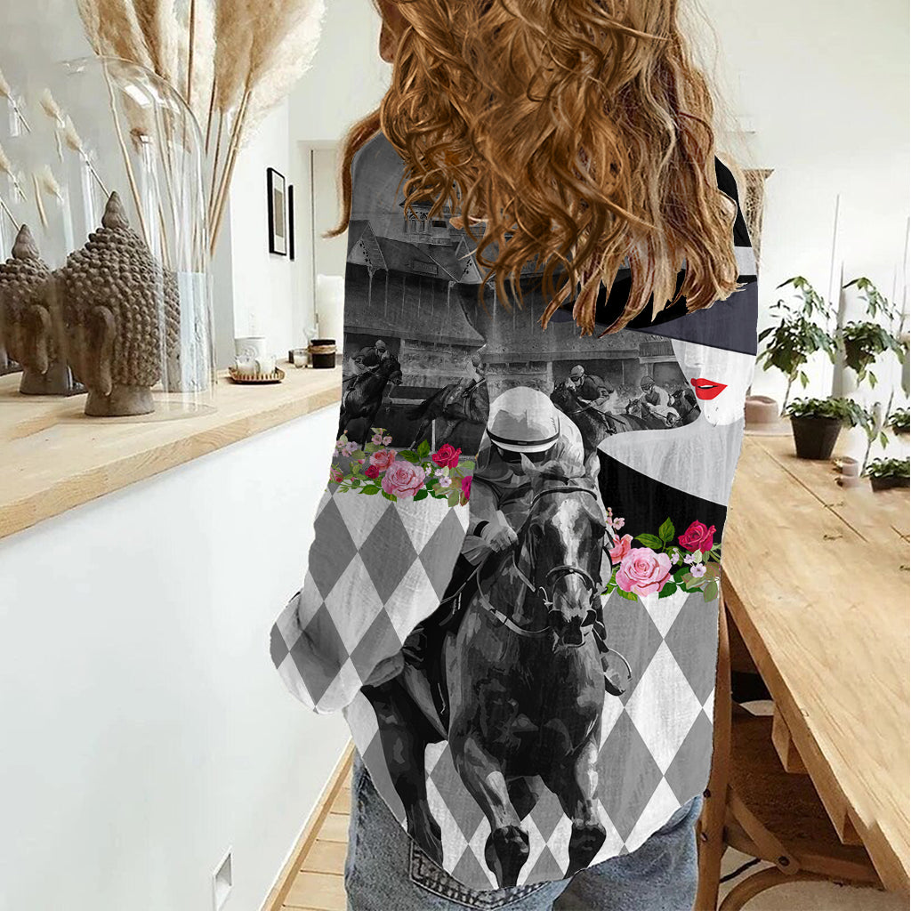 Kentucky Racing Horses Derby Hat Lady Women Casual Shirt Churchill Downs and Roses Grayscale - Wonder Print Shop