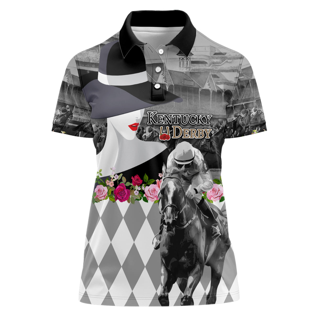 Kentucky Racing Horses Derby Hat Lady Women Polo Shirt Churchill Downs and Roses Grayscale - Wonder Print Shop