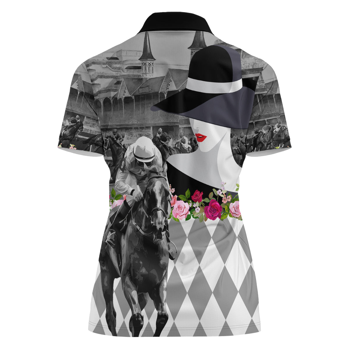 Kentucky Racing Horses Derby Hat Lady Women Polo Shirt Churchill Downs and Roses Grayscale - Wonder Print Shop