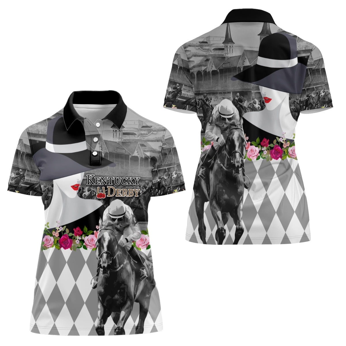 Kentucky Racing Horses Derby Hat Lady Women Polo Shirt Churchill Downs and Roses Grayscale - Wonder Print Shop