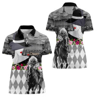 Kentucky Racing Horses Derby Hat Lady Women Polo Shirt Churchill Downs and Roses Grayscale - Wonder Print Shop