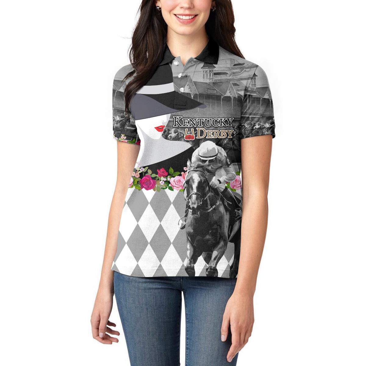 Kentucky Racing Horses Derby Hat Lady Women Polo Shirt Churchill Downs and Roses Grayscale - Wonder Print Shop