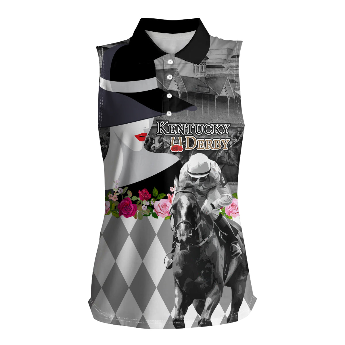 Kentucky Racing Horses Derby Hat Lady Women Sleeveless Polo Shirt Churchill Downs and Roses Grayscale - Wonder Print Shop