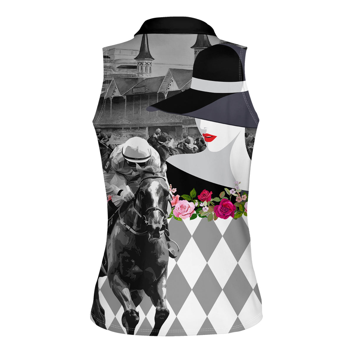 Kentucky Racing Horses Derby Hat Lady Women Sleeveless Polo Shirt Churchill Downs and Roses Grayscale - Wonder Print Shop