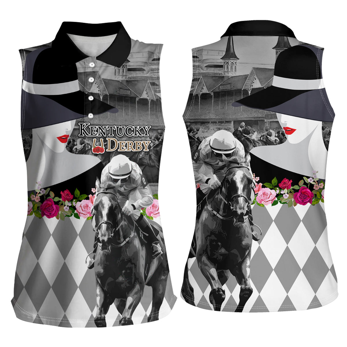 Kentucky Racing Horses Derby Hat Lady Women Sleeveless Polo Shirt Churchill Downs and Roses Grayscale - Wonder Print Shop