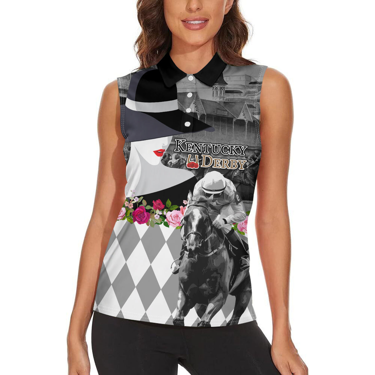 Kentucky Racing Horses Derby Hat Lady Women Sleeveless Polo Shirt Churchill Downs and Roses Grayscale - Wonder Print Shop