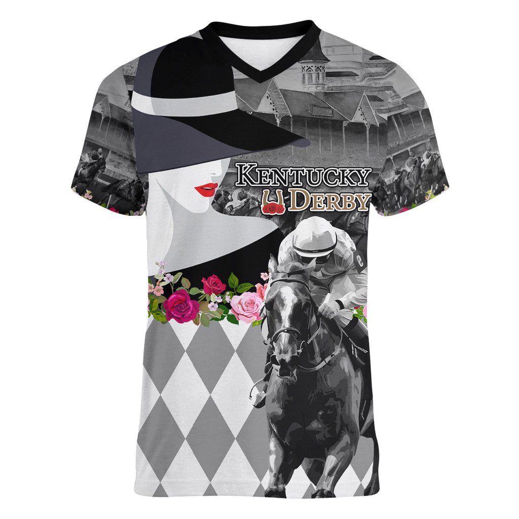 Kentucky Racing Horses Derby Hat Lady Women V-Neck T-Shirt Churchill Downs and Roses Grayscale - Wonder Print Shop
