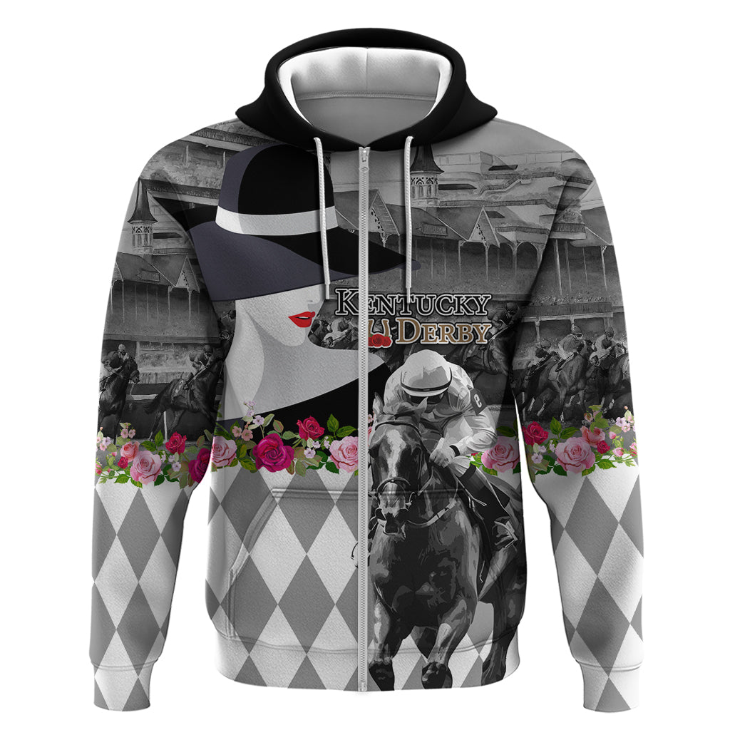 Kentucky Racing Horses Derby Hat Lady Zip Hoodie Churchill Downs and Roses Grayscale