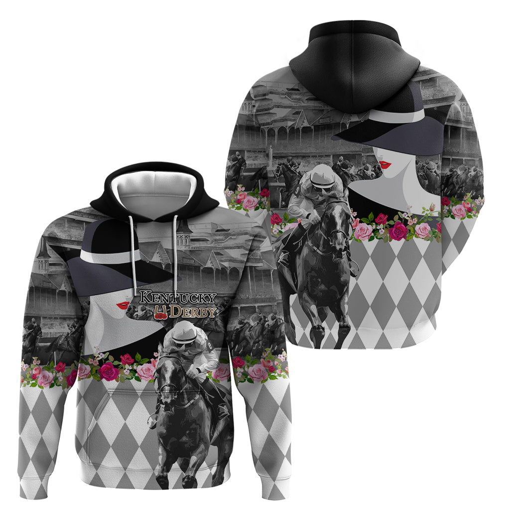 Kentucky Racing Horses Derby Hat Lady Zip Hoodie Churchill Downs and Roses Grayscale - Wonder Print Shop