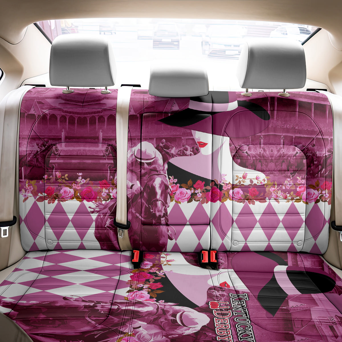 Kentucky Racing Horses Derby Hat Lady Back Car Seat Cover Churchill Downs and Roses Pink Out - Wonder Print Shop