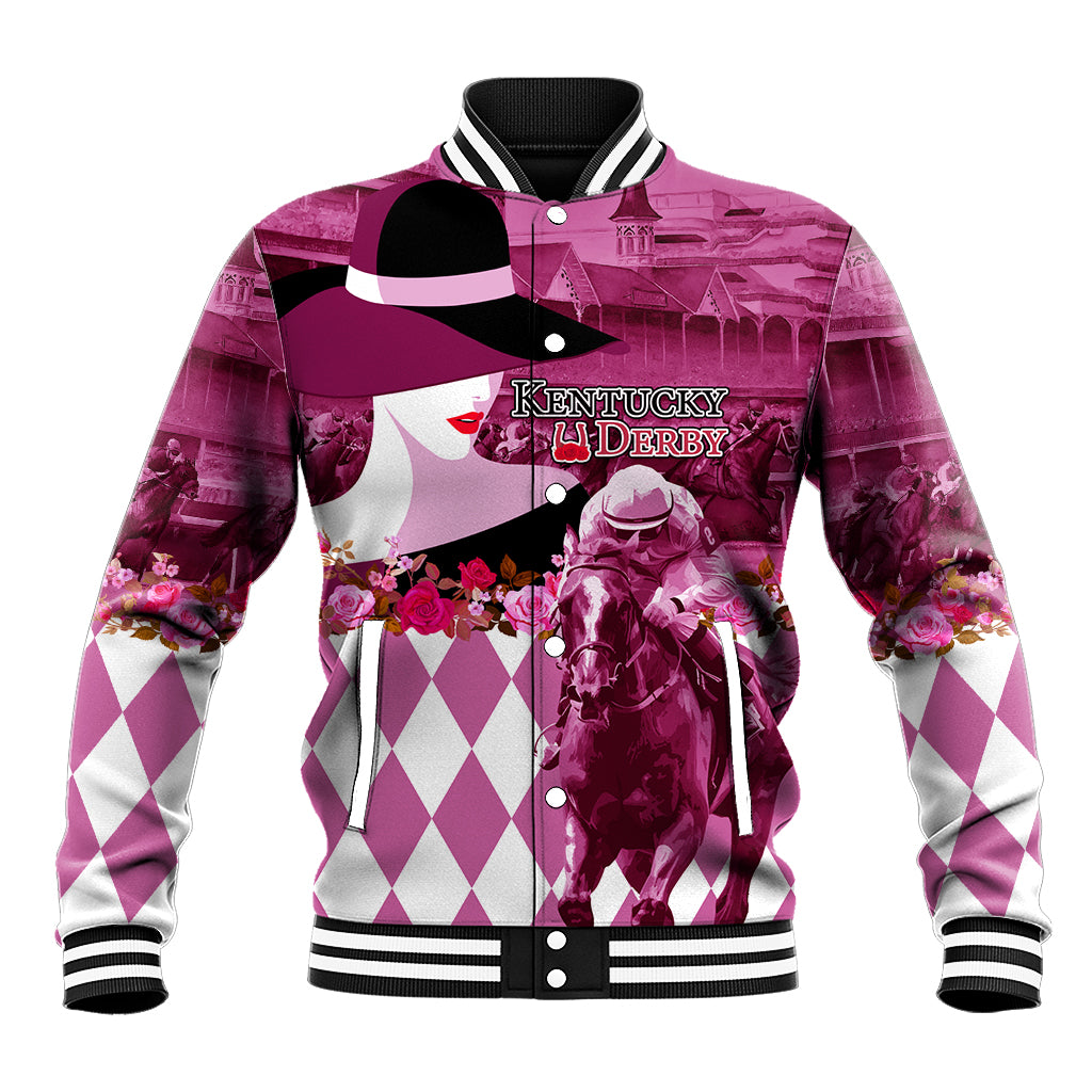Kentucky Racing Horses Derby Hat Lady Baseball Jacket Churchill Downs and Roses Pink Out - Wonder Print Shop