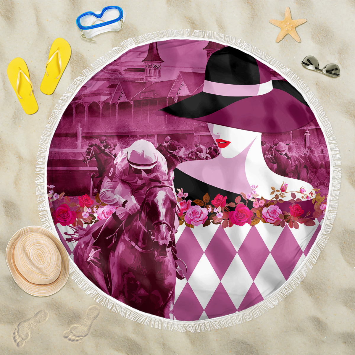 Kentucky Racing Horses Derby Hat Lady Beach Blanket Churchill Downs and Roses Pink Out - Wonder Print Shop