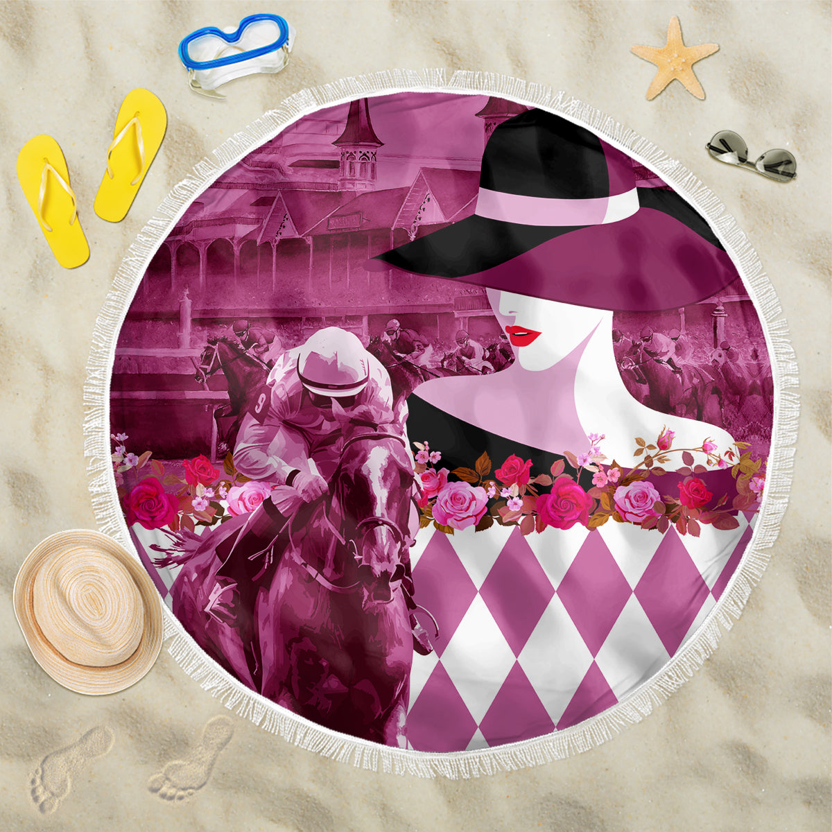 Kentucky Racing Horses Derby Hat Lady Beach Blanket Churchill Downs and Roses Pink Out