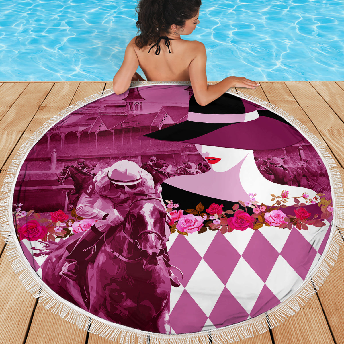Kentucky Racing Horses Derby Hat Lady Beach Blanket Churchill Downs and Roses Pink Out - Wonder Print Shop