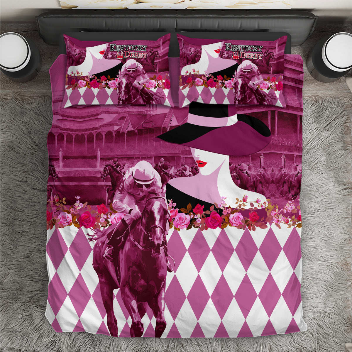 Kentucky Racing Horses Derby Hat Lady Bedding Set Churchill Downs and Roses Pink Out - Wonder Print Shop