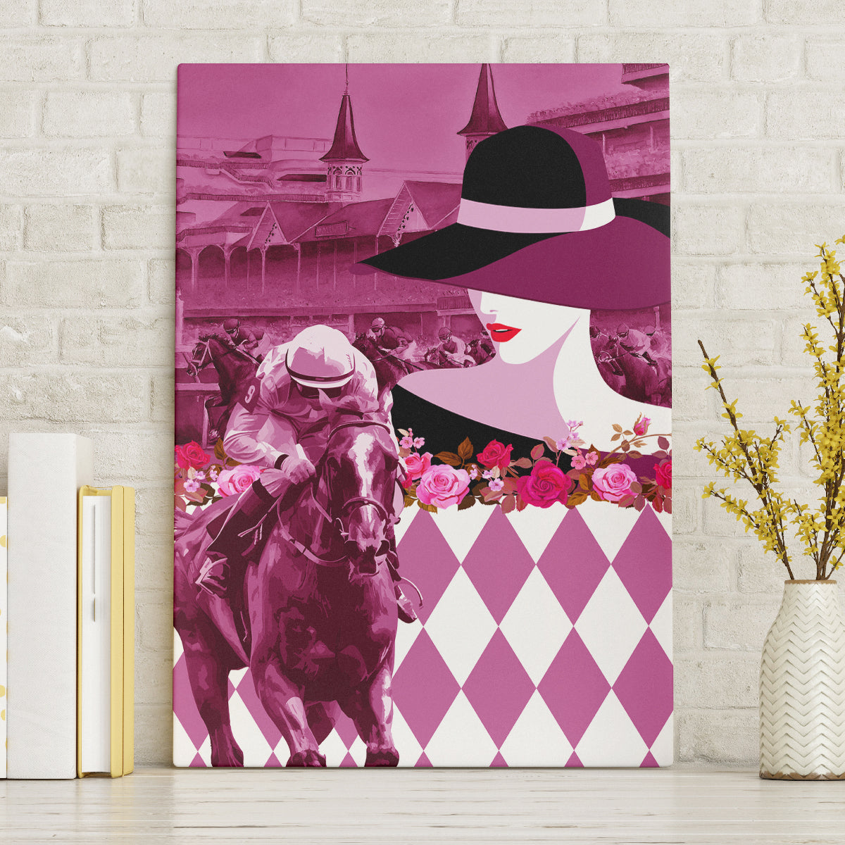 Kentucky Racing Horses Derby Hat Lady Canvas Wall Art Churchill Downs and Roses Pink Out - Wonder Print Shop