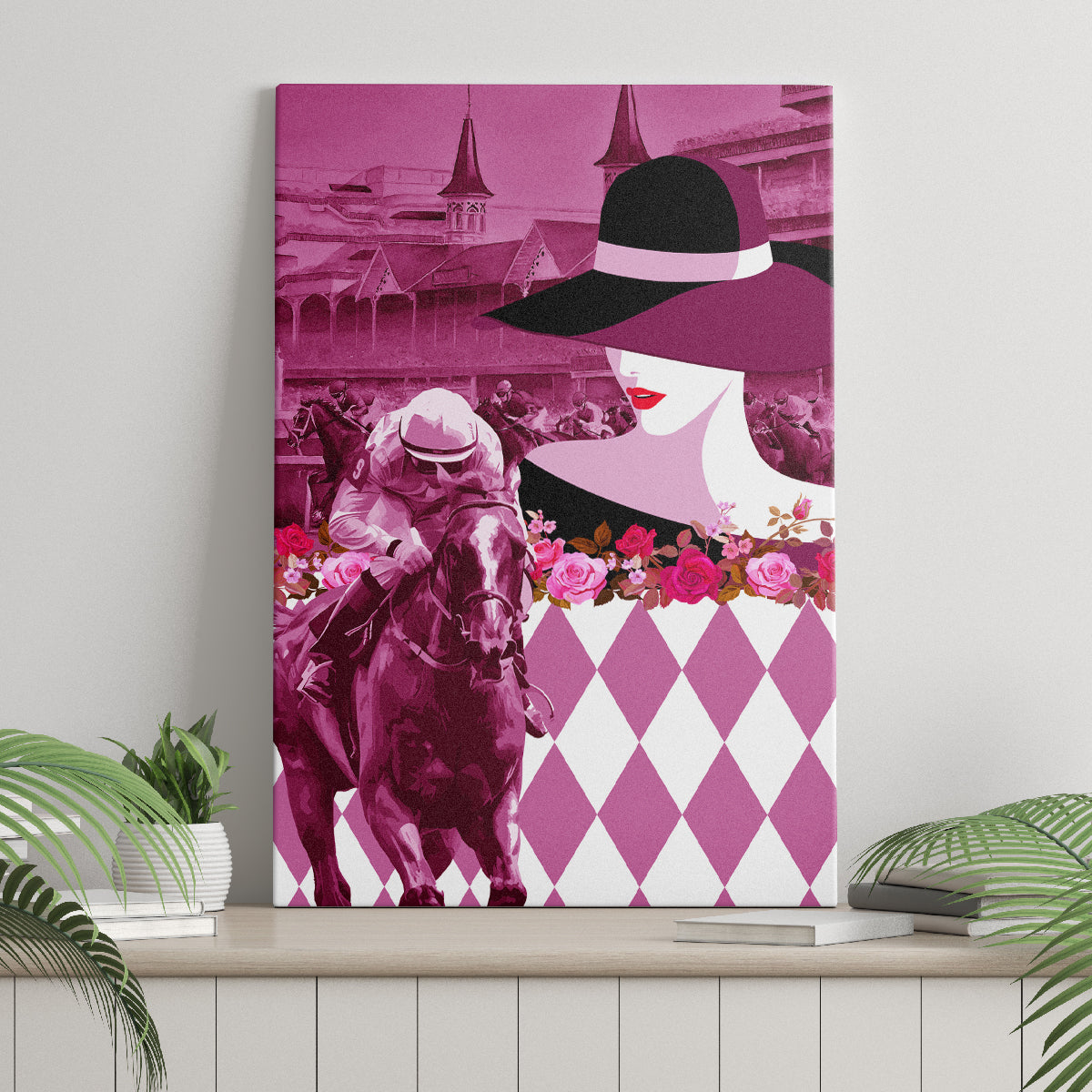 Kentucky Racing Horses Derby Hat Lady Canvas Wall Art Churchill Downs and Roses Pink Out - Wonder Print Shop