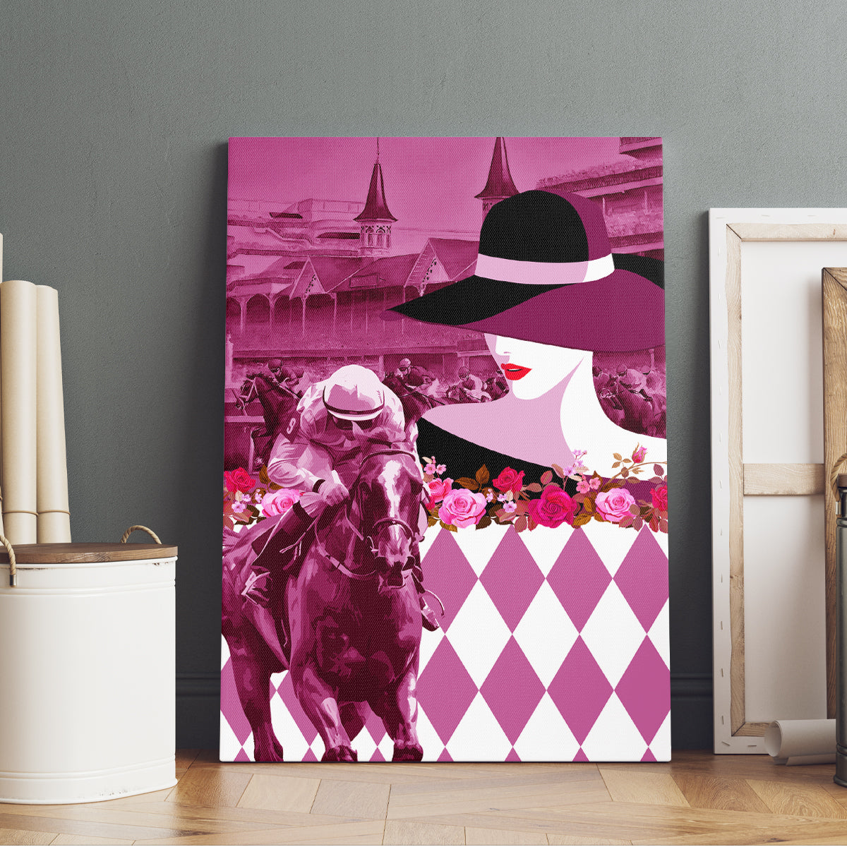 Kentucky Racing Horses Derby Hat Lady Canvas Wall Art Churchill Downs and Roses Pink Out - Wonder Print Shop