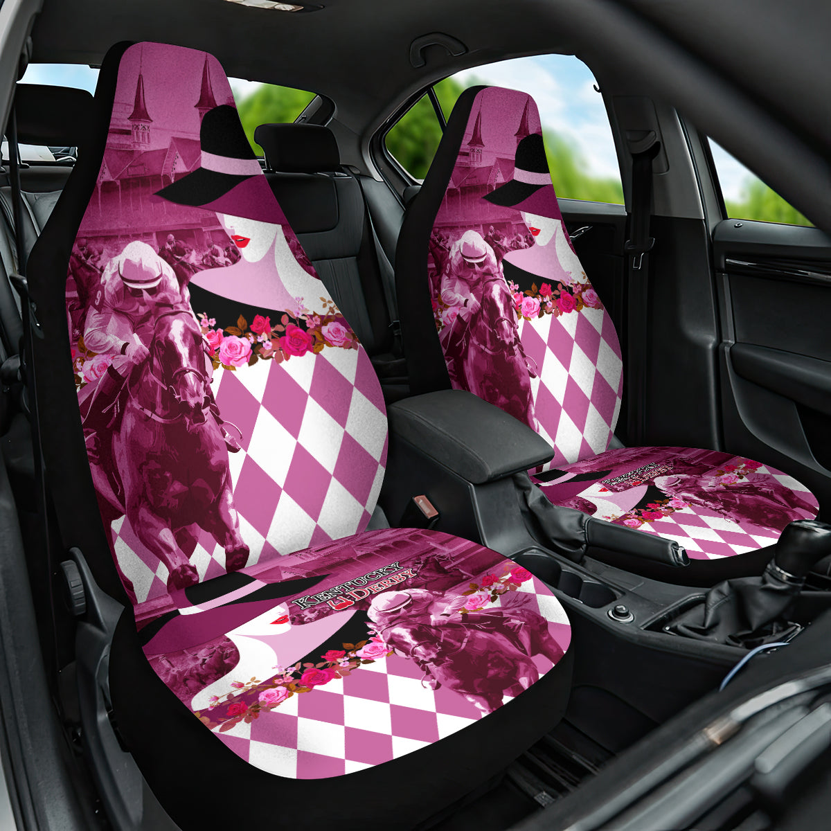 Kentucky Racing Horses Derby Hat Lady Car Seat Cover Churchill Downs and Roses Pink Out - Wonder Print Shop
